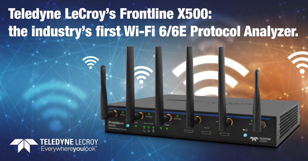 TeledyneLecroy's tweet image. #FrontlineX500 Wireless #ProtocolAnalyzer is a powerful one-box test solution for #Bluetooth, #WiFi, #Zigbee and #Thread, and the first #WiFiAnalyzer to capture and debug #WiFi6 and #WiFi6E technologies. Click lcry.us/3nIkGyh to learn more! #BREDR #BLE #teledyneleCroy