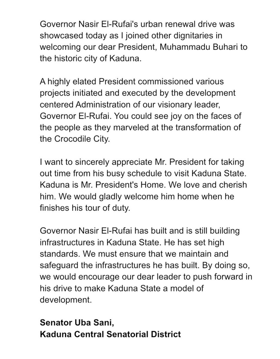 Governor Nasir <a href="/elrufai/">Nasir Ahmad El-Rufai</a>'s #KadunaUrbanRenewal drive was showcased today as I joined other dignitaries in welcoming our dear President, <a href="/MBuhari/">Muhammadu Buhari</a> to the historic city of Kaduna.