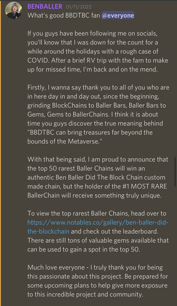 Ben Baller Did The BlockChain (@bensblockchain) on Twitter photo What's that?
The top 50 rarest Baller Chains win an authentic <a href="/BENBALLER/">BEN BALLER™</a> chain?
There are different tiers of rarity that affect the reward you can earn.
Tiers consist of:
- Top Chain
- Chains Rarity 2-10
- Chains Rarity 11-30
- Chains Rarity 31-50
#BBDTBC #NFT What's that?
The top 50 rarest Baller Chains win an authentic <a href="/BENBALLER/">BEN BALLER™</a> chain?
There are different tiers of rarity that affect the reward you can earn.
Tiers consist of:
- Top Chain
- Chains Rarity 2-10
- Chains Rarity 11-30
- Chains Rarity 31-50
#BBDTBC #NFT