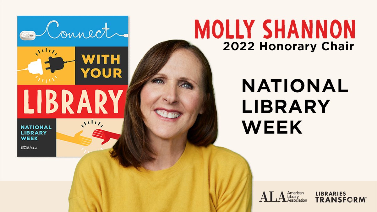 ALALibrary's tweet photo. Molly Shannon is 2022 #NationalLibraryWeek Honorary Chair! https://t.co/h9QQGWkWNg
#LibLearnX https://t.co/O9thyhag3I
