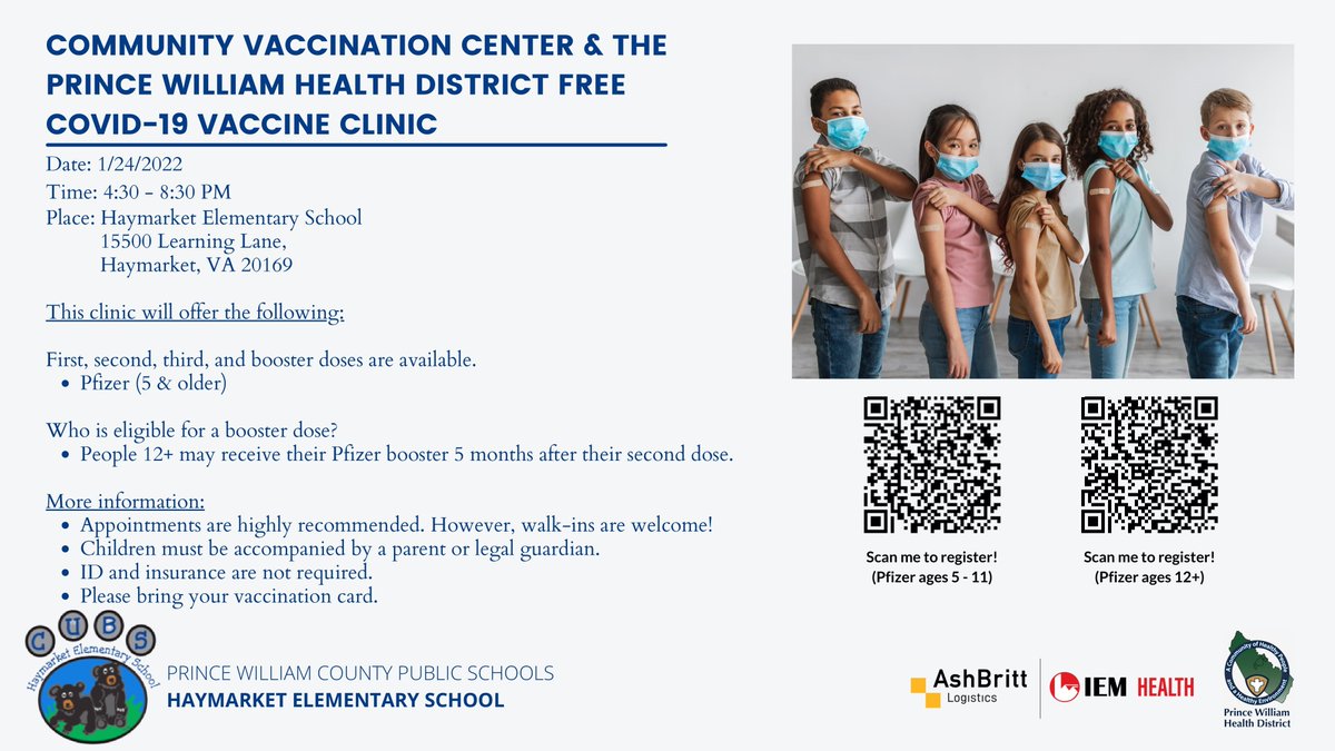 PrinceWilliamHD's tweet photo. Community Vaccination Center and Prince William Health District Free COVID-19 Vaccination Clinic on Monday, January 24 at Haymarket Elementary School in Haymarket from 4:30-8:30 PM. https://t.co/IeyORYytjE