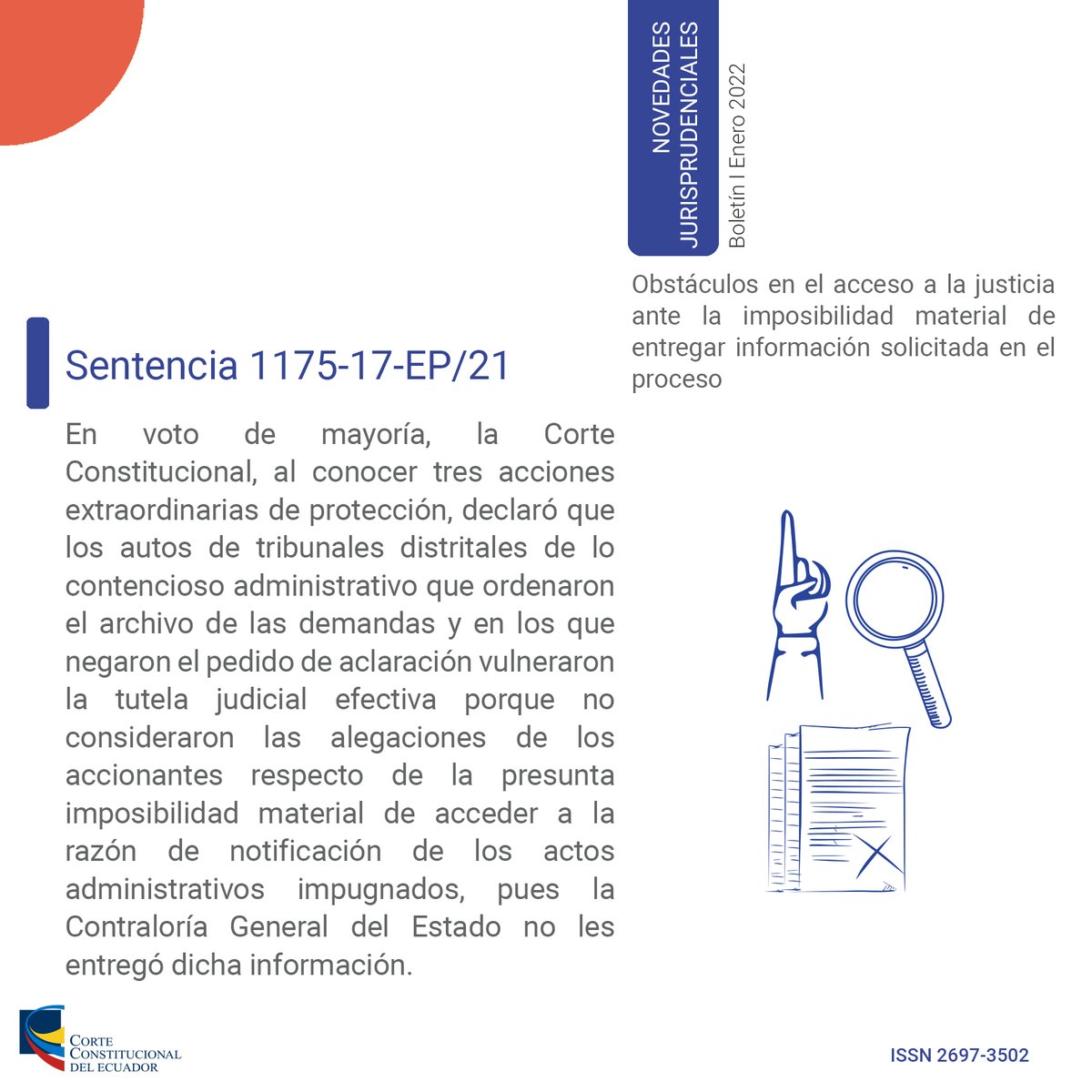 CorteConstEcu's tweet photo. #NovedadesJurisprudenciales | Obstáculos en el acceso a la justicia ante la imposibilidad material de entregar información solicitada en el proceso. 

📄Ver sentencia➡️ https://t.co/UcYV00NGxN https://t.co/YodMz6KVuq