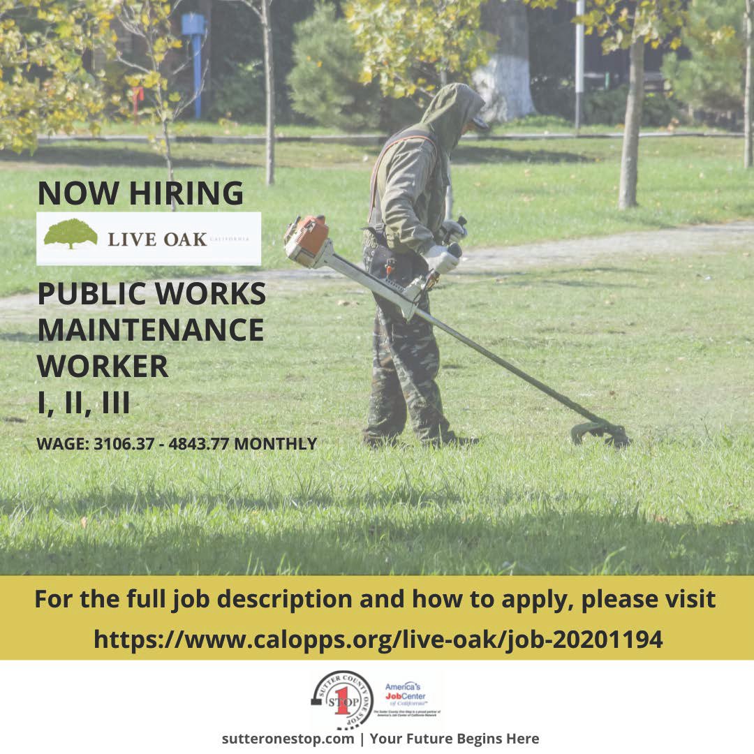 scsos_'s tweet photo. Job openings!
Public Works Maintenance Worker for the city of Live Oak
Water and Wastewater Treatment Plant Operator for the city of Live Oak
Farm Laborer for Enterprise Farms
For more information, contact the @sutteronestop at 530-822-5120 #operator #farms #maintenance #scsos https://t.co/AY1TLjNTcL