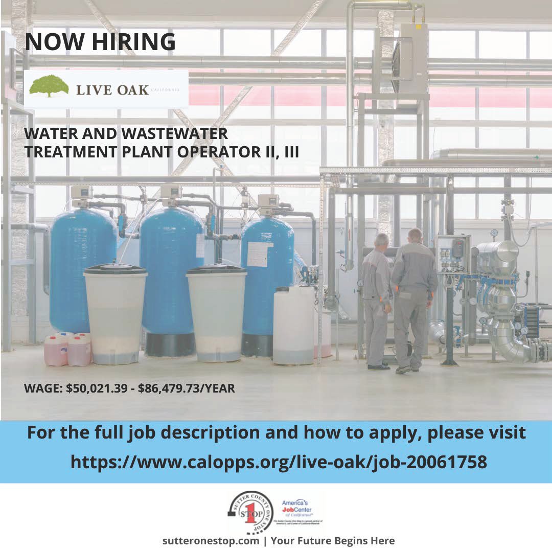 scsos_'s tweet photo. Job openings!
Public Works Maintenance Worker for the city of Live Oak
Water and Wastewater Treatment Plant Operator for the city of Live Oak
Farm Laborer for Enterprise Farms
For more information, contact the @sutteronestop at 530-822-5120 #operator #farms #maintenance #scsos https://t.co/AY1TLjNTcL