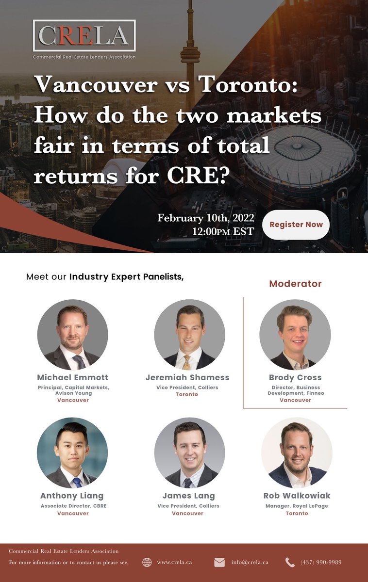 Finneo_tech's tweet photo. Another great webinar by Commerical Real Estate Lenders Association is scheduled to be live on Zoom on February 10th. Register today to learn how the Canadian two biggest markets compare in the overall returns for commercial real estate. Moderated by our very own Brody Cross. https://t.co/BQe1rif38b