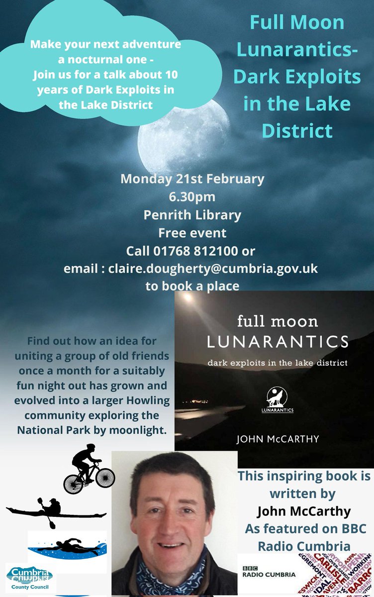 Join me in Penrith on 21st Feb to learn more about a community of local adventurers who have explored the Lake District every Full Moon for the last 10 years.
Our exploits have been featured by <a href="/millican_helen/">Helen Millican</a> on her <a href="/BBC_Cumbria/">BBC Cumbria</a> programme.
#lunarantics #fullmoon #microadventure