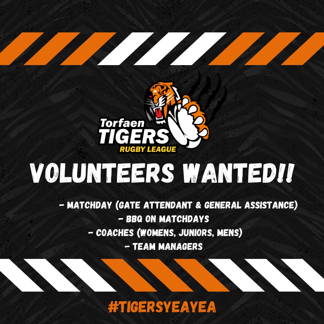TorfaenTigersRL's tweet photo. 🐯Volunteers Wanted!🐯

With planning firmly underway for the upcoming season we are on the hunt for volunteers to help with our womens, mens, Juniors (Boys &amp; Girls) teams! With plenty of different roles available if anyone is interested please drop us a message!

#TigersYeaYea🐯 https://t.co/VFq4hPe8hl