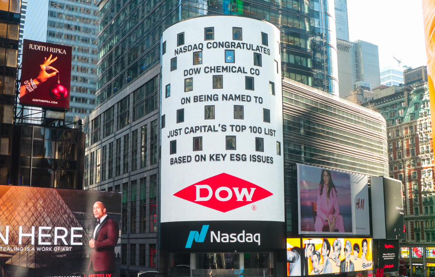 This is “JUST” too cool - <a href="/DowNewsroom/">Dow</a> spotted on the <a href="/Nasdaq/">Nasdaq</a> tower in Times Square today to celebrate being named one of America's Most Just Companies! #JUST100