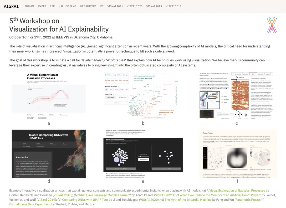 For the 5th time, we're back! The Workshop on Visualization for AI Explainability (#visxai) will accept "explorables" &amp; "explainables" that visualize, explain, and tell interactive stories about AI. #ieeevis 

➡️ Get started early! Deadline: July 2022

visxai.io