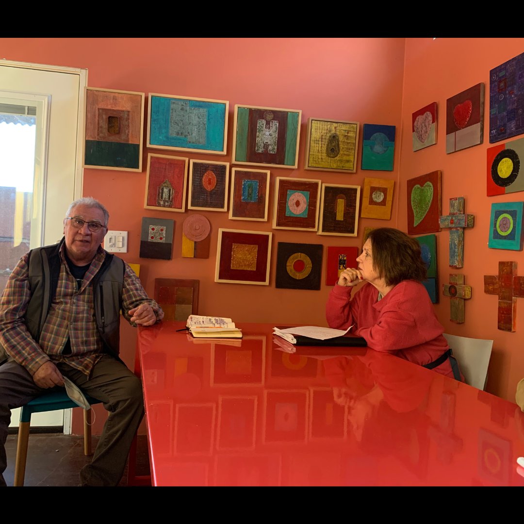 AllianceNMT_DC's tweet photo. We spent the afternoon with Alvaro in his studio. He told us how he started making and planting crosses in the desert to mark the spot where #migrants had died. 

He has planted over 1200crosses in many cities to help spread the word on the plight in the #desert along the #border https://t.co/Eyw5VsuKdy