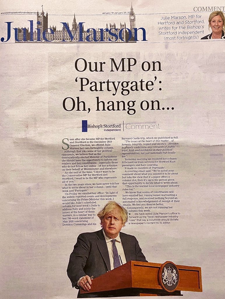 Absolute scenes in Bishop’s Stortford...

“We have asked Julie Marson’s office to forward us the ‘local newspaper industry rules’ that say a columnist should dictate a newspaper’s content to its editor.”