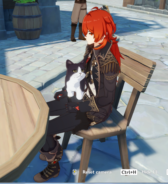 beansbasket's tweet photo. i took this screenshot nearly a year ago to draw it and i finally did it. diluc with cat in lap https://t.co/MWLInGGWIX