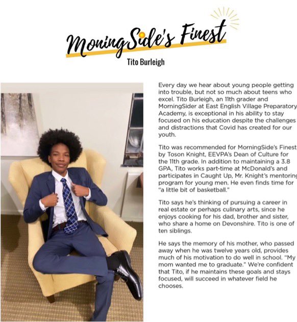 caught_up1's tweet photo. We would like to spotlight our very own, Tito Burleigh! He is an 11th grader from Morningside who has a bright future ahead of him. Check out and share this article from MorningSide’s Finest‼️ https://t.co/DWL1eLBU0B