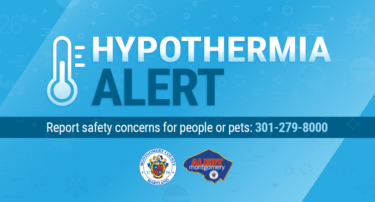ReadyMontgomery's tweet photo. The Hypothermia Alert has been extended for Montgomery County through Friday, 1/21/2022. A Hypothermia Alert is issued when temperatures and/or wind chill are expected to be at or below 32 degrees. #MDWX https://t.co/jJMvFqO1fr
