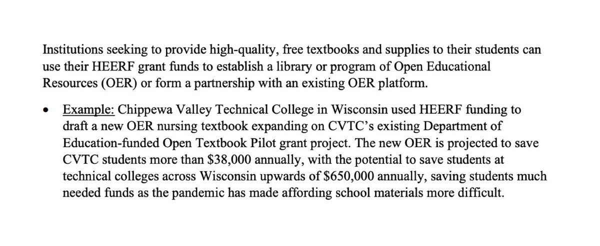 New <a href="/usedgov/">U.S. Department of Education</a> guidance highlights open educational resources as a strategy for using COIVD relief funds to meet student basic needs. If you have an #OER program idea for your campus, see if HEERF funds are available! sparcopen.org/news/2022/leve…