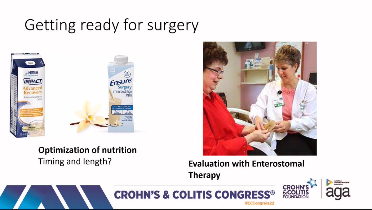 Optimize modifiable variables as best as possible pre-op. @ibddoctor counsels pts to walk as much as possible, muscle mass is low. Pre-,post-op nutrition counseling is vital - liaise w/colleagues like @GIdietitian @AmerGastroAssn @CrohnsColitisFn @AshburnMd #IBDAtoZ
