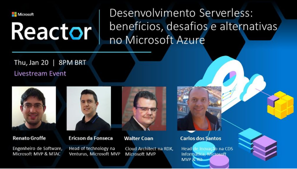 MSFTReactor's tweet photo. Confira nesta mesa redonda os principais benefícios e desafios em projetos serverless, bem como de que maneira soluções da nuvem Microsoft como Azure Functions e Azure Logic Apps podem auxiliar em muito neste processo com @cdssoftware @RenatoGroff: https://t.co/G3tEsqzJ9D https://t.co/5IM2yZ06Kd