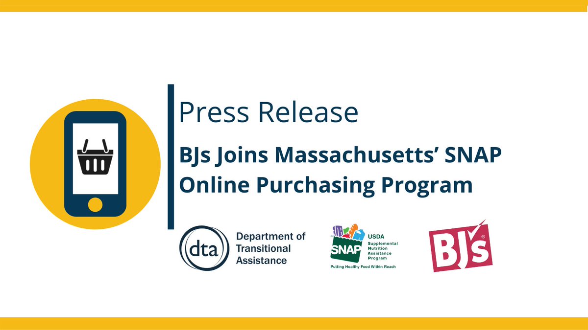 DTA_Listens's tweet photo. Today, the Baker-Polito Administration announced that Massachusetts residents can now use their SNAP benefits to buy groceries online from participating @BJsWholesale stores for pickup &amp; delivery.

➡️ More: https://t.co/2lPFBtKkWT #ShopOnline #FoodAccess https://t.co/vs48VIUPm7