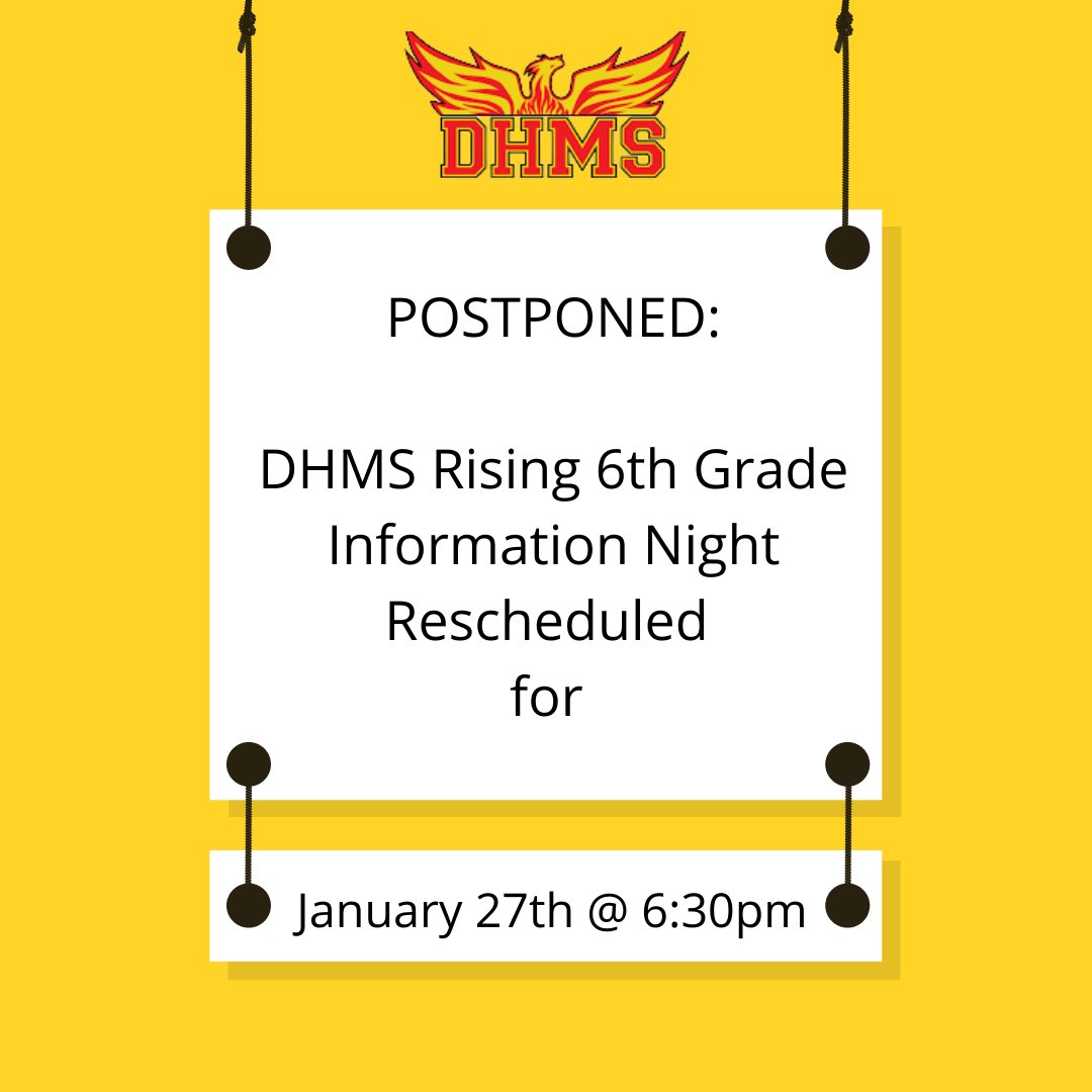 Devido ao cancelamento de todas as atividades e escolas da APS hoje, estamos adiando a Noite de Informações da 6ª Série do DHMS Rising agendada para esta noite (20 de janeiro) e a realizaremos na próxima quinta-feira, 27 de janeiro, às 6h30, como parte da Noite Virtual de Planejamento Acadêmico do DHMS. https://t.co/DWVF1hZOK3