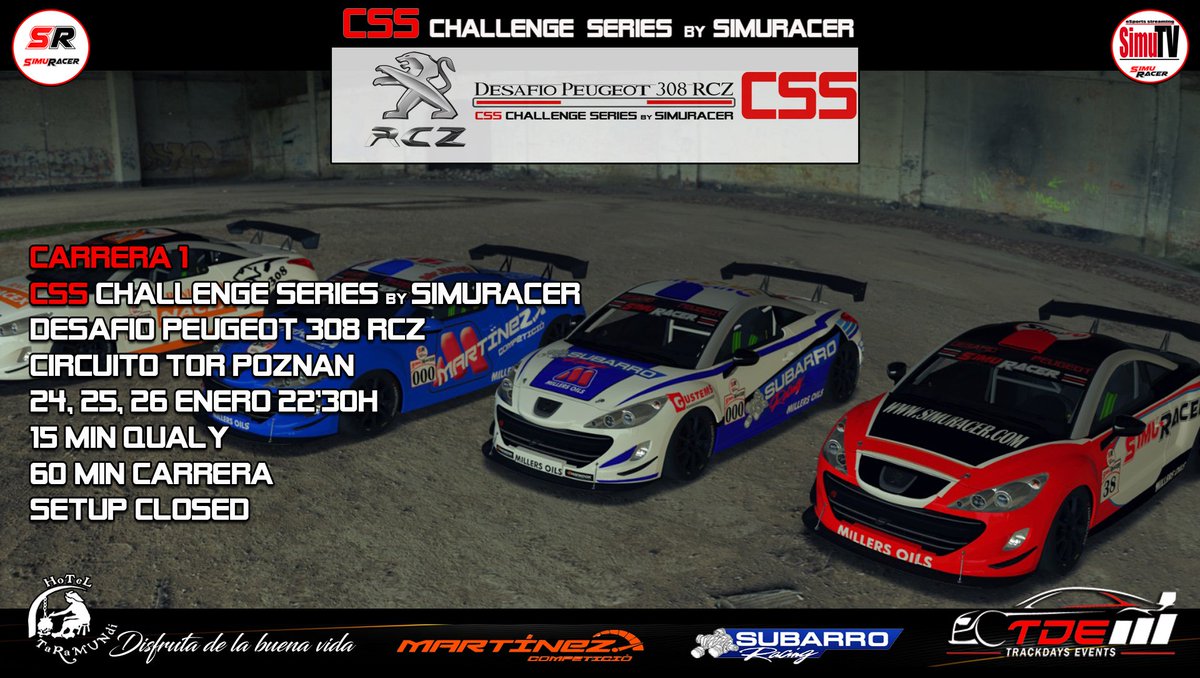 Todo preparado para este lunes
Empezamos la liga Css by
<a href="/SimuRacer/">SimuRacer</a>
75 pilotos y 3 divisiones
Aqui os dejamos los enlaces de las retransmisiones
Grupo A Lunes 24
youtu.be/-S4KpJvIz30
Grupo B Martes 25
youtu.be/IO-yuKHkTdY
Grupo C Miércoles 26
youtu.be/rRw8qcmoNsU