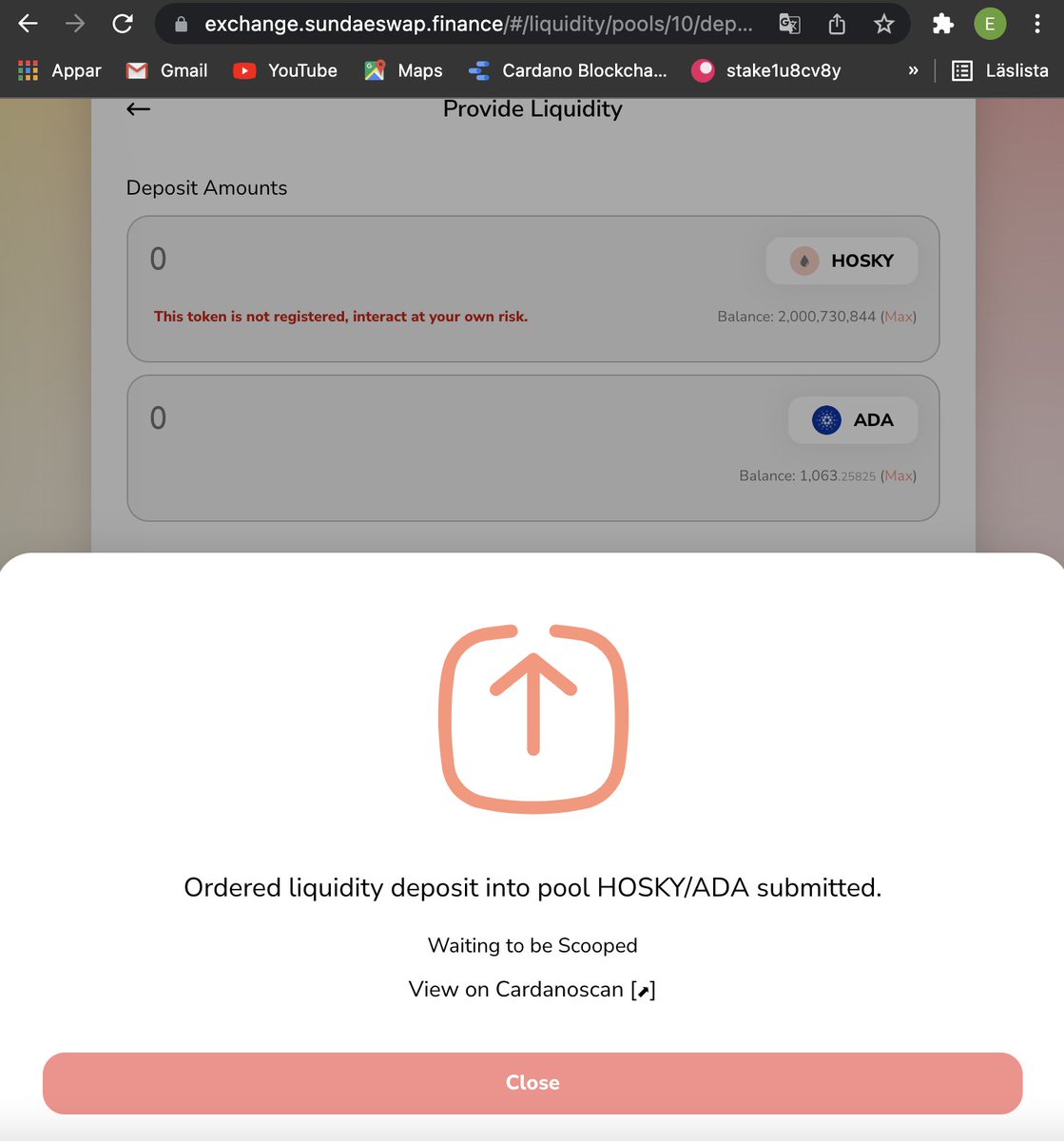 r_dejv's tweet photo. @SundaeSwap Have the LP tokens in my wallet and cardano scan says 30 Confirmations (High). Still buffering though. Do I have to wait? https://t.co/5vg0YYMzEc