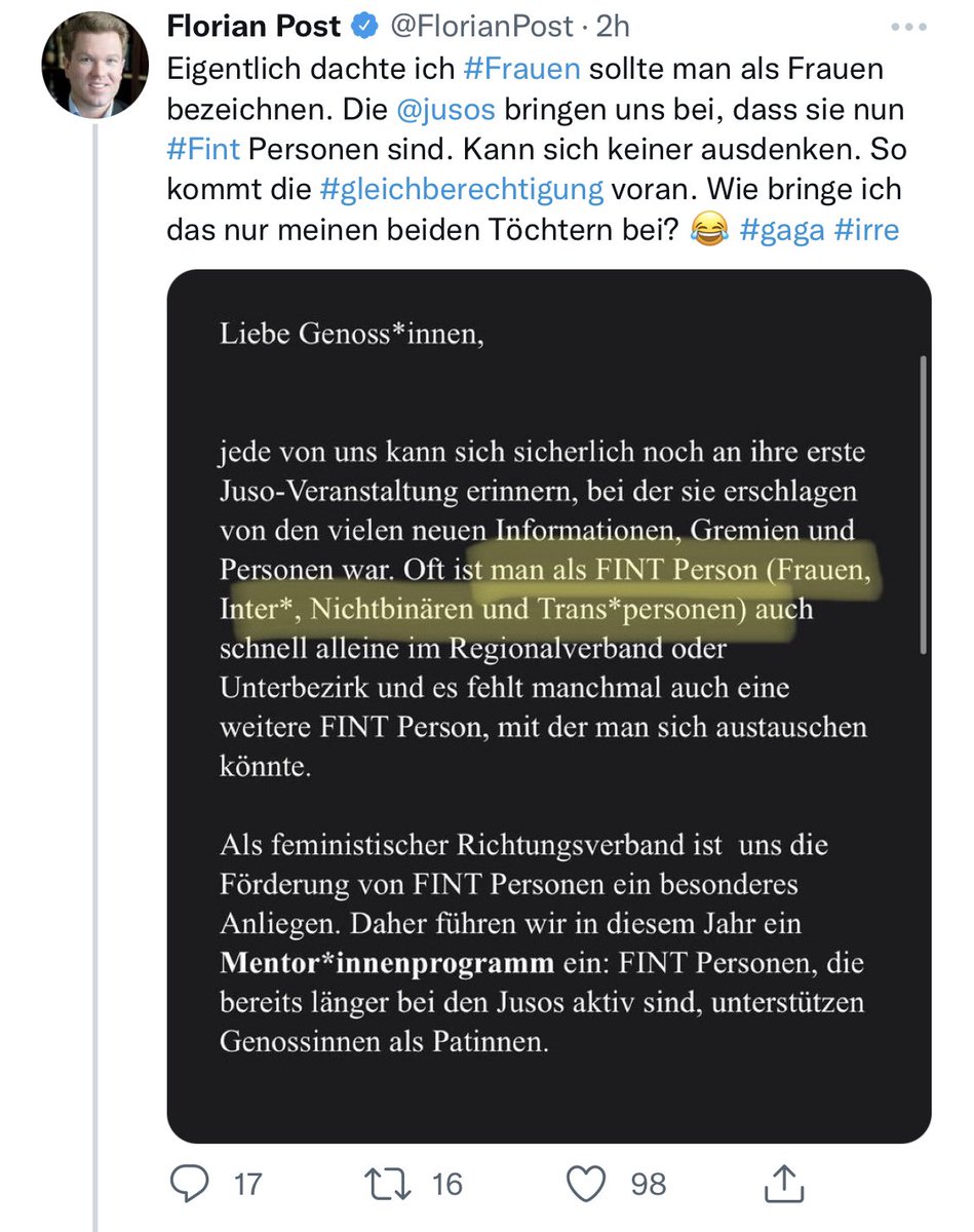 benedictlng's tweet photo. FINT*-Vernetzung und -Mentoring braucht es übrigens unter anderem wegen toxischer Männlichkeit innerhalb der eigenen Partei und den nicht endenden Angriffen auf den Kampf für Gleichberechtigung. Danke, dass ihr dieses Angebot schafft, liebe @jusos Oberbayern. https://t.co/U3hr7Jypbq