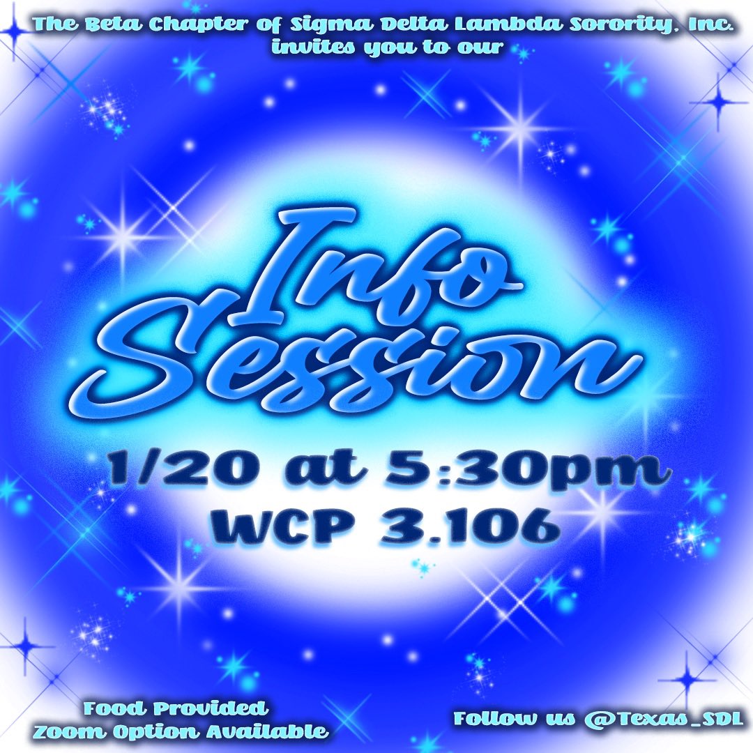 Texas_SDL's tweet photo. we have our first info session tonight at 5:30 at the WCP! if you can’t attend in person, we have a virtual option for you as well! >link to find zoom: https://t.co/N08E07WgpE < 

join us to learn more about our stunning sisterhood! ✨🕊

#ut23 #ut24 #ut25 #ut https://t.co/WlsEllSPXJ