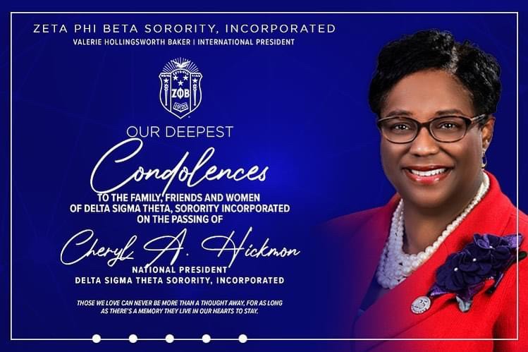 ZPHIBKAPPAZETA's tweet photo. We send our deepest condolences to the women of Delta Sigma Theta Sorority, Incorporated on the passing of your National President, Cheryl A Hickmon. Our thoughts and prayers are with her family and your members. https://t.co/NVHqYIuOFt