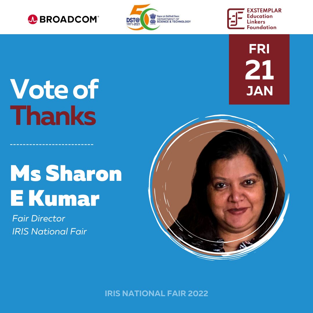 IRISNational's tweet photo. A Vote of Thanks by Ms Sharon E. Kumar, Fair Director, IRIS National Fair.
Register here: https://t.co/UTXb5Odo8g
.
#IRISNationalFair2022
#STEMtastic #iSTEMForward #teamindia #IRIStoISEF #DSTIndia https://t.co/mh2t3qqqT5