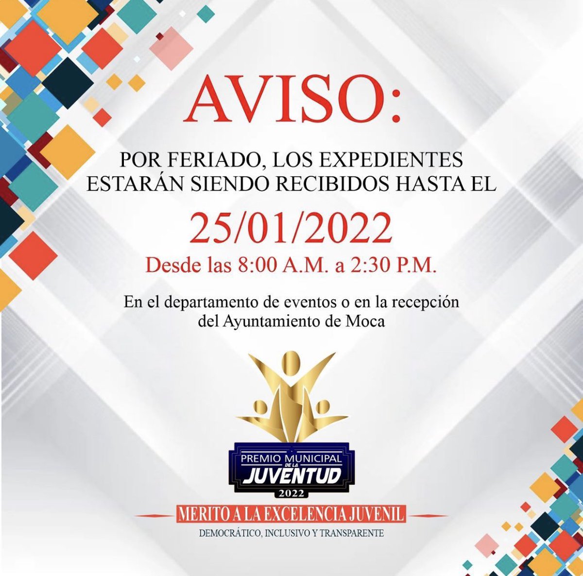 PedepeEspaillat's tweet photo. Jóvenes aún hay tiempo para postularte al Premio Municipal de la juventud. @Bardilylb @JerezRossy @sandyjimenez87 @TIEMPODECLAUDIO @estephanyactiva @YanibelCepin @AutenticaYC @JuventudRD @CdpEspaillat @PresidenciaRD @ayuntamoca @SantiagoAesi @judithvaldez31 https://t.co/7CeWTzUa3O