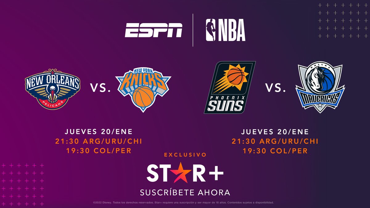 ESPNArgentina's tweet photo. 🏀 ¡DOBLE JORNADA DE #NBAxESPN! Primero, #Pelicans y #Knics se verán las caras en New York y, más tarde, los #Suns y los #Mavericks chocan en un PARTIDAZO de la Conferencia Oeste. ¡Te esperamos por #StarPlusLA! ¡#MiraloEnStarPlus!

▶️ https://t.co/NJ3tLttvee https://t.co/YVgRVcFbwu