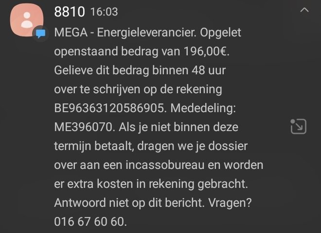 Niet alleen weigert <a href="/we_are_mega/">Mega</a> de afrekeningsfactuur te sturen waarin ze mij nog geld moeten na overstap, ze hebben zelfs de arrogantie een incassobureau in te schakelen voor onterechte bijkomende voorschotfacturen. @Testaankoop <a href="/FODEconomie/">FOD Economie</a> <a href="/destandaard/">De Standaard</a>