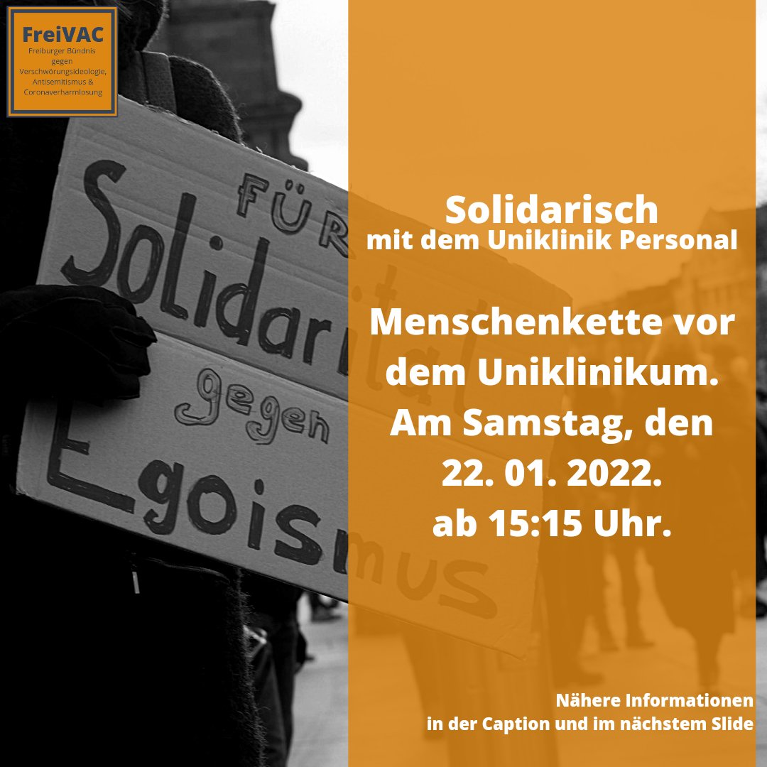 BuendnisFreiVAC's tweet photo. Kommt mit uns auf die Straße gegen Coronaverharmlosung und zeigt euch solidarisch mit den Beschäftigten der Uniklinik!

Am kommenden Samstag, den 22.1., wird der wöchentliche Aufmarsch der Querdenker:innen Gebäude der Uniklinik #Freiburg passieren. #fr2201 #QuerdenkenStoppen

1/5 https://t.co/MEqjafwTiS