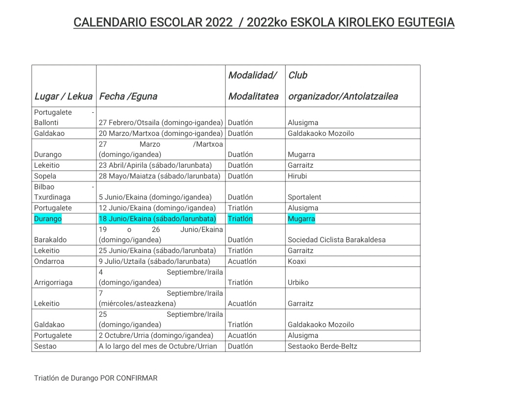Aldaketa berri bat dago: Arrigorriagako triatloia sartzen da egutegian. #bizkaitri #eskolakirola

Un nuevo cambio: Sé añade el Triatlon de Arrigorriaga.

<a href="/urbikotriatloi/">URBIKO TRIATLOI</a>