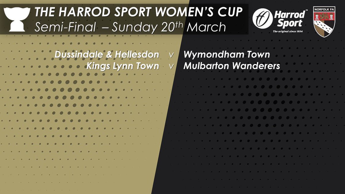 SAVE THE DATE ⚽️
SEMI-FINAL
We have a home draw against @MulbartonLadies 

The date for the Semi-Finals of the @harrodsport #WomensCup is confirmed to be Sunday 20 March with kick off at 2:30pm. #NorfolkFootball ⚽️🏆
@norfolkcountyfa