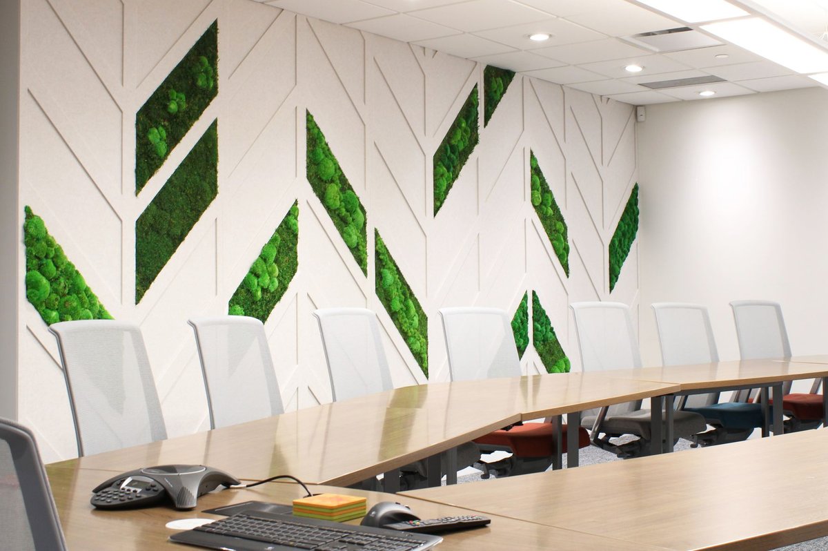 We recently designed and installed a feature wall in our boardroom with Quiet Earth Moss and it turned out great! The preserved moss requires no watering or natural light, so it will maintain its beautiful natural textures and colours for many years to come.