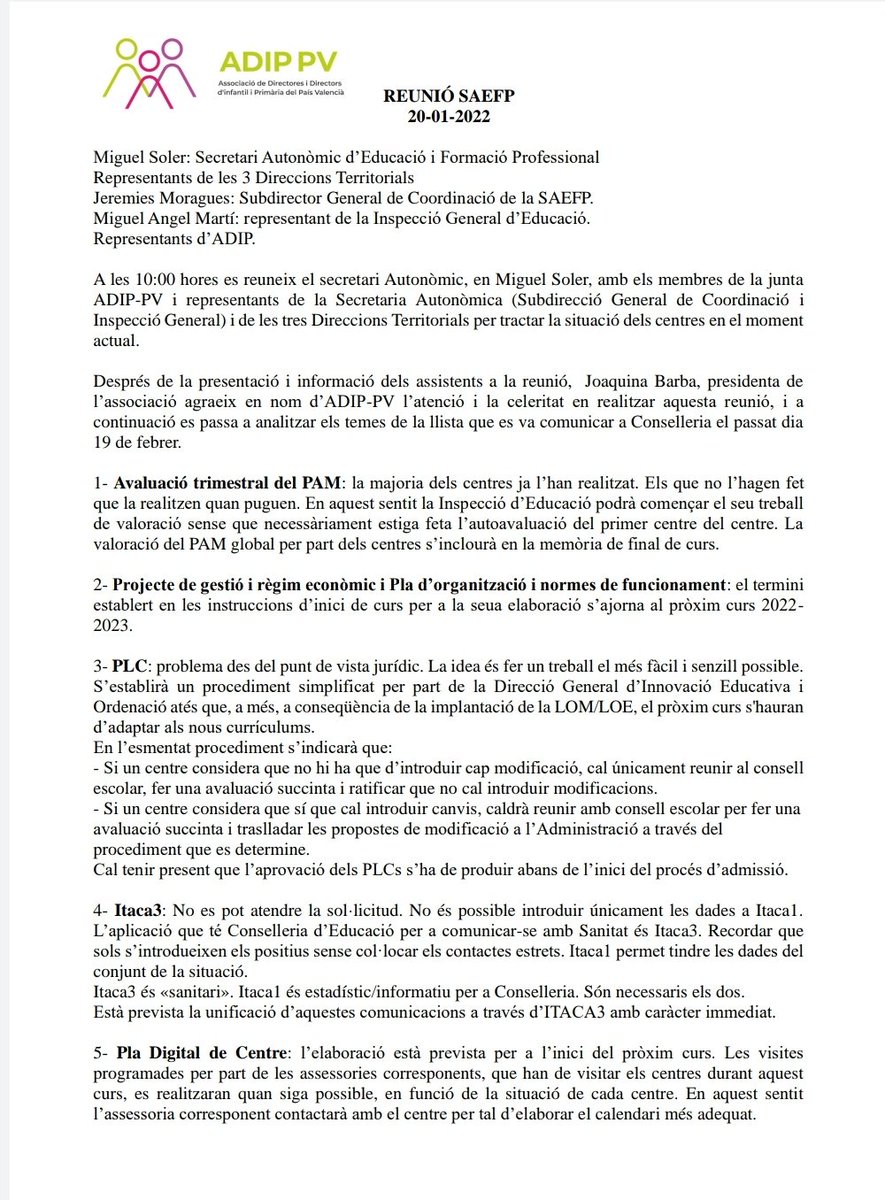 Noel_N11's tweet photo. Aquí teniu el resum de la reunió @AdipPv amb el secretari autonòmic d' educació 📝📝📝
#parlantensentenem
#lideratge #equipsdirectius https://t.co/vnRALHvWLs