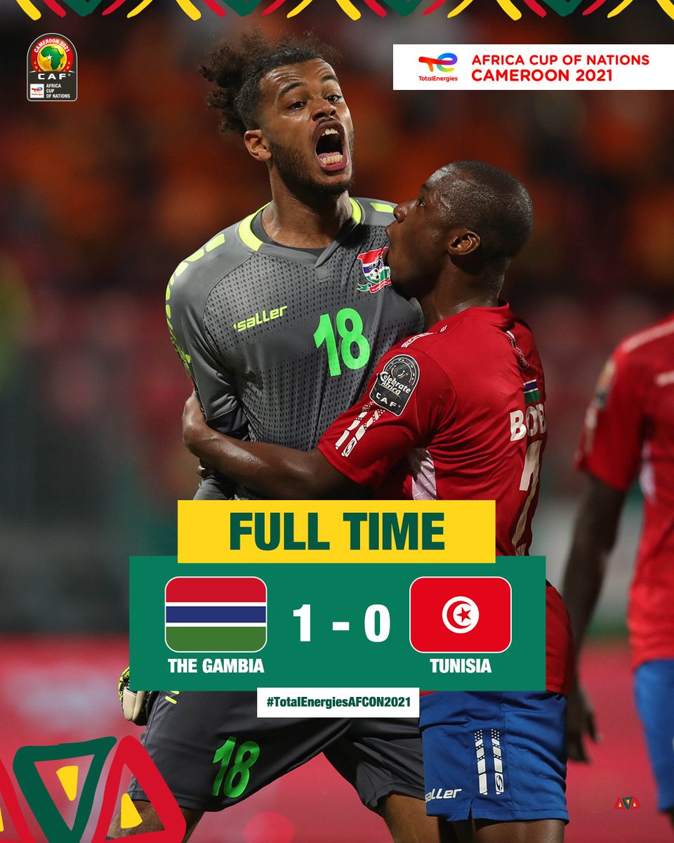 CAF_Online's tweet photo. FULL-TIME ⏰

#TeamGambia 1-0 #TeamTunisia 

Jallow's last minute screamer snatches the full points for the Scorpions! 🦂

#TotalEnergiesAFCON2021 | #AFCON2021 | #GMBTUN https://t.co/z7m8vlvw2f