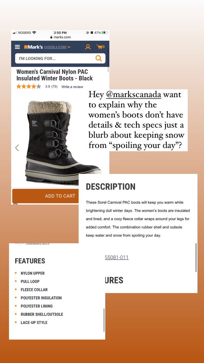 Vernal_Wisdom's tweet photo. Hey @MarksCanada genuinely curious why the @sorelfootwear men’s boots have tech specs listed but the same boots in women’s have just a blurb about keeping snow from “spoiling your day”. https://t.co/scG8IGIUeF