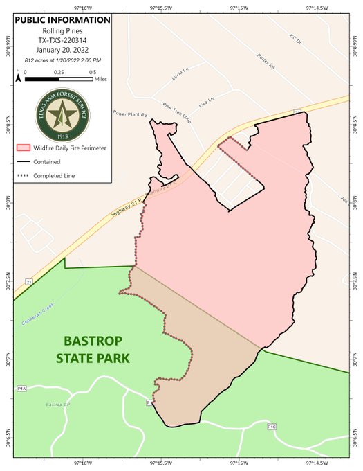 Public Information Map for the Rolling Pines Fire in Bastrop County as of January 20, 2022