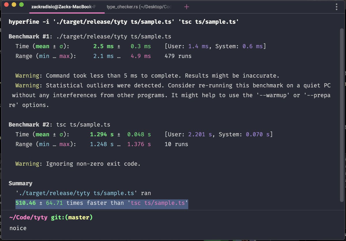 zack_overflow's tweet photo. Got tired of tsc taking forever to type check my code so I made a Typescript type checker in Rust for fun

For a small Typescript file it's 500x faster than tsc taking ~0.002s vs ~1.3s (using SWC for compilation). It supports only a small subset of Typescript (for now). https://t.co/oaEhJ78lzl