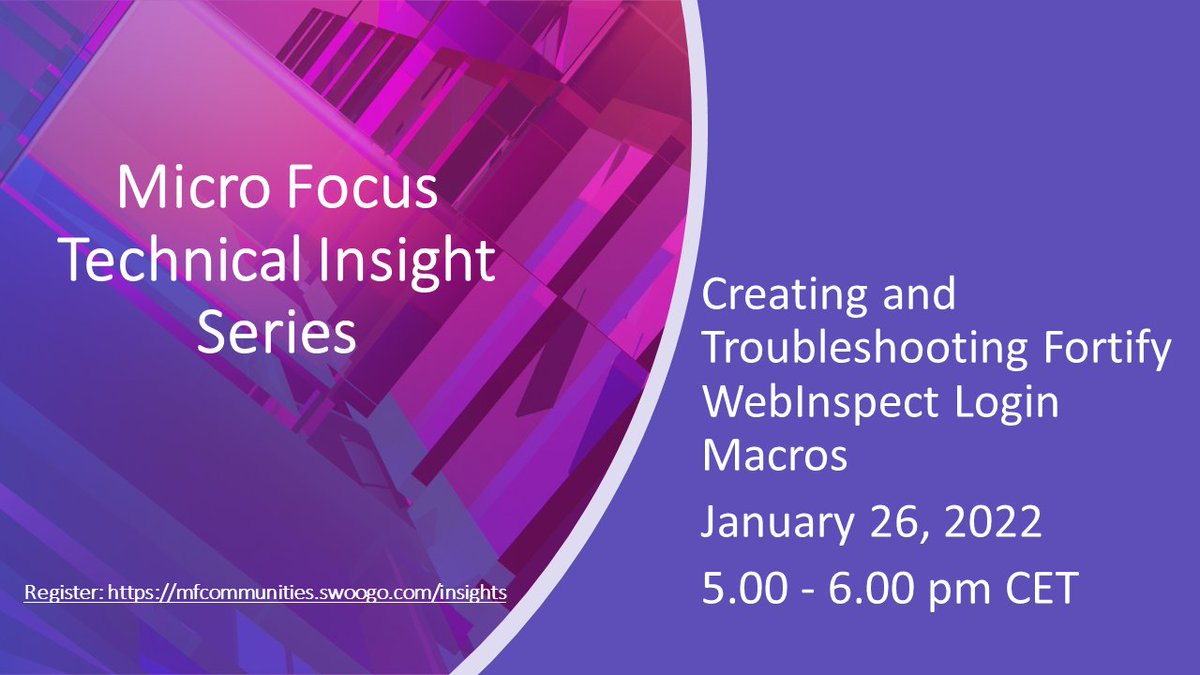 JBigdata's tweet photo. In this new #MicroFocus Technical Insight webinar on Jan 26, @MicroFocusSec will look at how to create and troubleshoot login macros in Fortify WebInspect. Reg now: | #AppSec #DevOps #DevSecOps #CyberResilience
 https://t.co/9X4uPs6jIU #MyCompany https://t.co/QK4r8TCeXM
