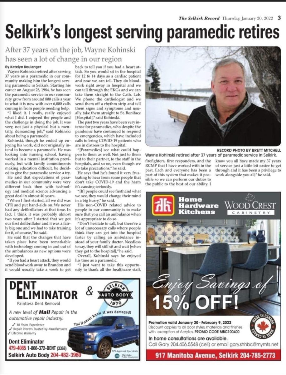 Manitoba_medic's tweet photo. Congratulations to Wayne Kohinski on his retirement after 37 years as a #paramedic in Selkirk, Manitoba! @SharedHealthMB @IERHA_MB @PAM_manitoba @PAC_Paramedic @MAHCP_MB 
https://t.co/J7sulITfY5 https://t.co/WdyF8LwLGl