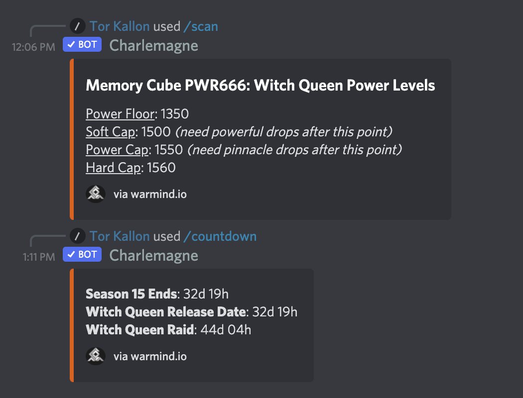 Per the TAWB, my `/countdown` now includes the latest raid and I have a new `/scan power` command with details on the power leveling in Witch Queen