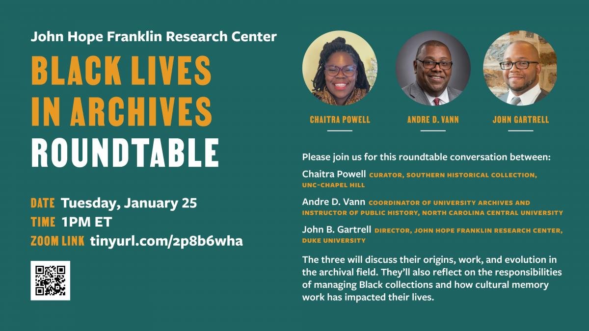 Black Lives in Archives - join librarians, curators, and archivists from Duke, NCCU, and UNC for a roundtable discussion on January 25 at 1:00 ET. Register here: tinyurl.com/2p8b6wha <a href="/SoHistColl_1930/">Southern Historical Collection, UNC Chapel Hill</a> <a href="/JHFResearchCen/">JHF Research Center</a> @shepardLibrary