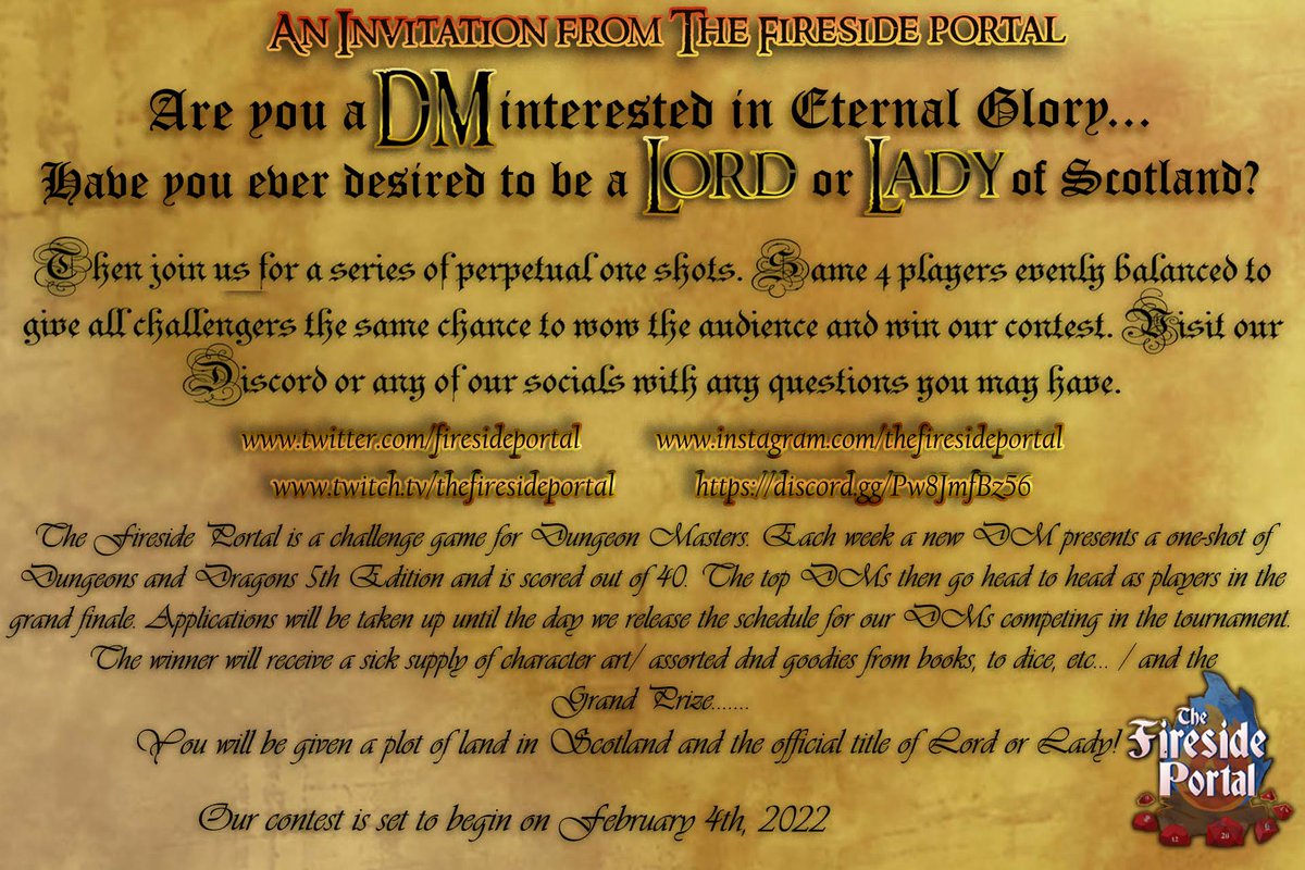 The Fireside Portal is finally ready for Dungeon Masters to APPLY!  If you want to fill out an an application, make sure to look for it in the Fireside Portal Discord!  Thanks for being an amazing community!