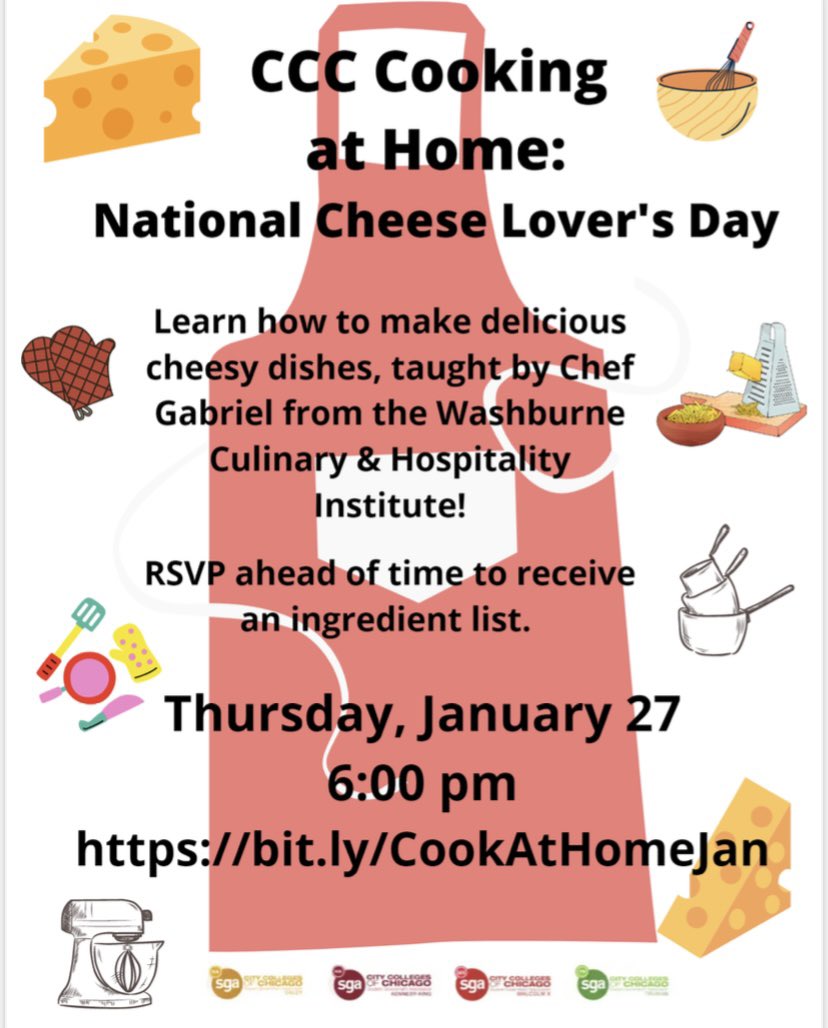 Do you love cheesy dishes? Join us for a district wide cooking event on January 27! Register at bit.ly/CookAtHomeJan to receive the ingredient list! 🧀 #ccc #cookingevent #truman @TrumanCollege @SGA_Truman