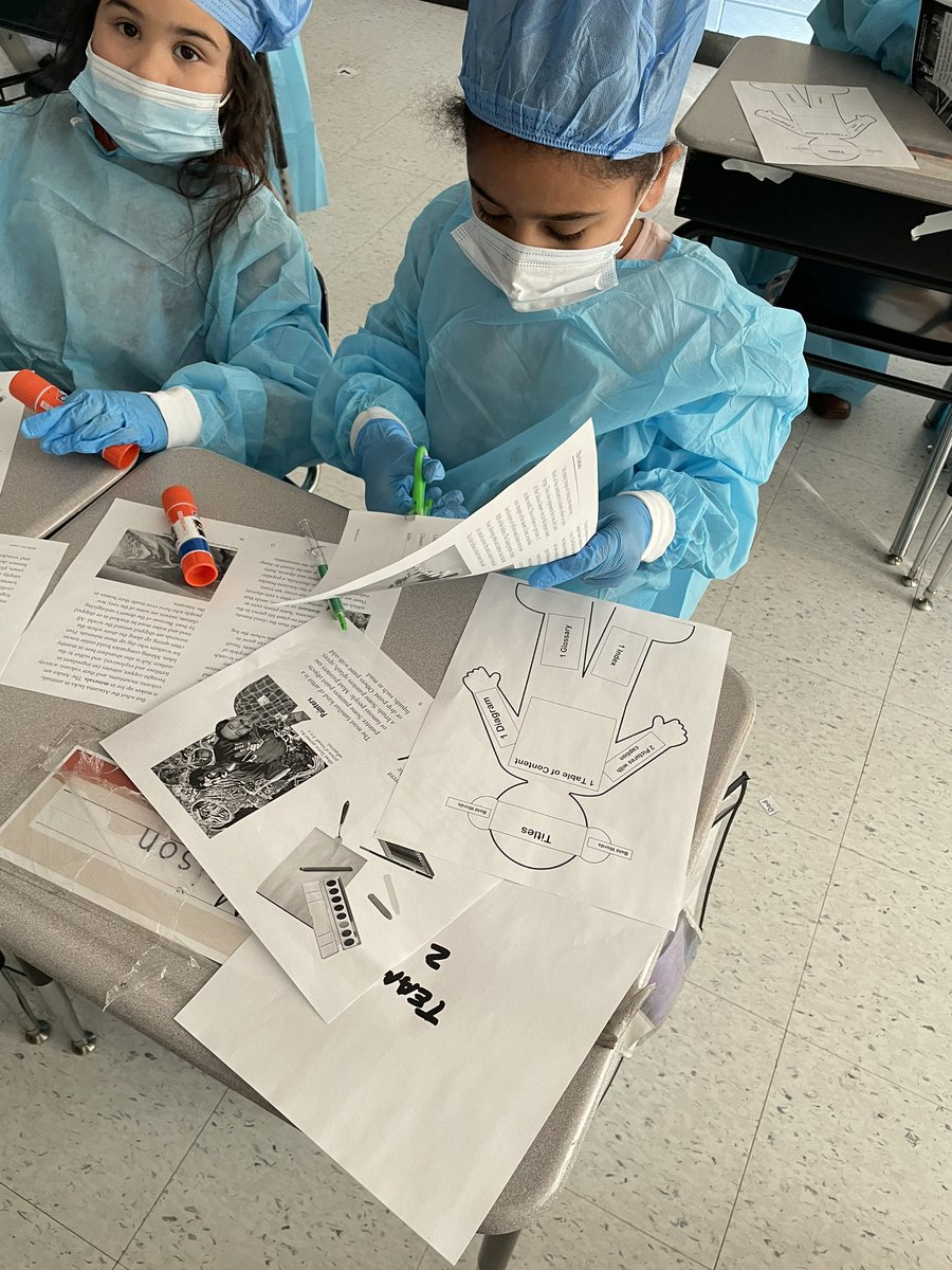 MrsLizzyOgle's tweet photo. Kiddos in Ms. Jodts’ classroom became surgeons today. They worked together to find text features such as titles, captions, and bold words and glue the artifacts on their patient. @sftisd https://t.co/4VtErGdmky