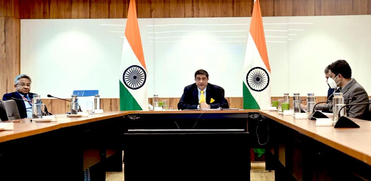 AmbSanjay_'s tweet photo. My last meeting as India’s #BRICS Sherpa, as China assumes lead for 2022

Indian Presidency in 2021 deepened intra-BRICS cooperation
-#DelhiDeclaration at Summit
-Reform of Multilateral System at FMs meet
-use of high tech &amp; digital means for development 
-p-p &amp; cultural contacts https://t.co/tQwYR6gL6U
