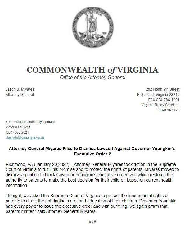 I've asked the Supreme Court of Virginia to dismiss the lawsuit against Governor Youngkin and Executive Order two, which restores authority to parents to make the best decision for their children. 

With our filing, we again affirm that parents matter.